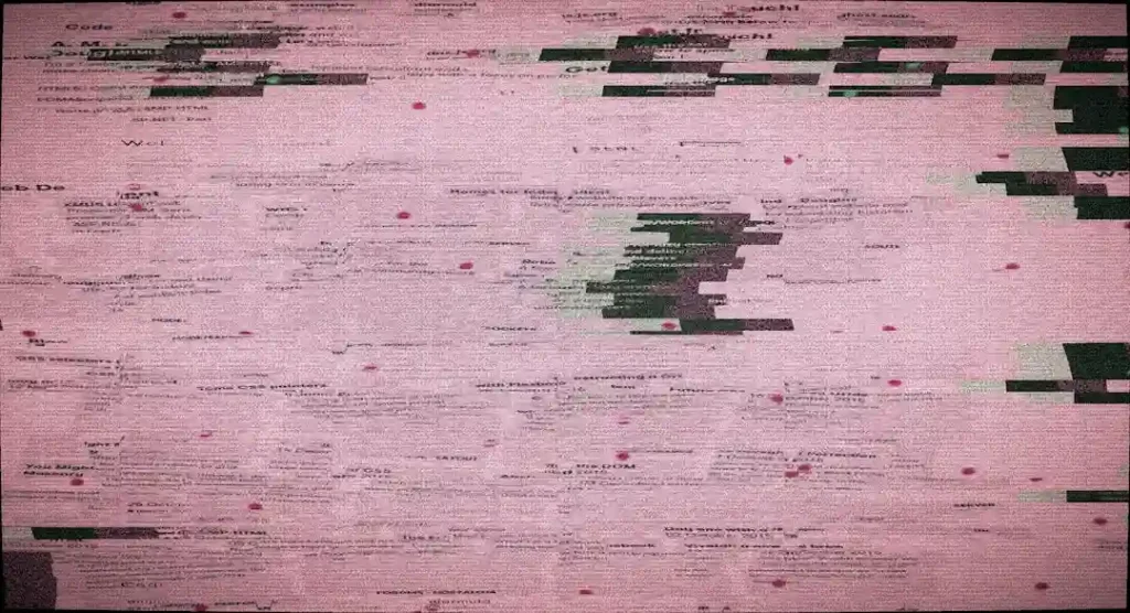 Distorted digital noise with pink and green hues