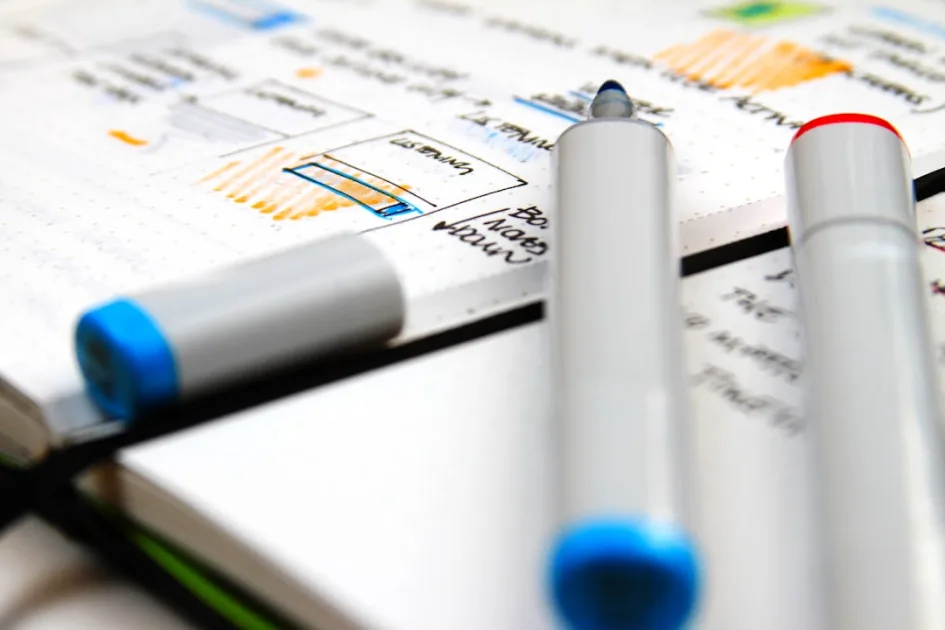 a couple of pens sitting on top of a notebook