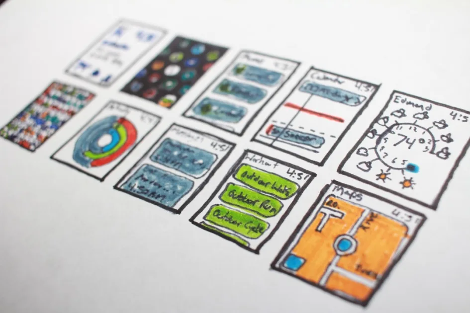 drawings of smartphone application screenshots