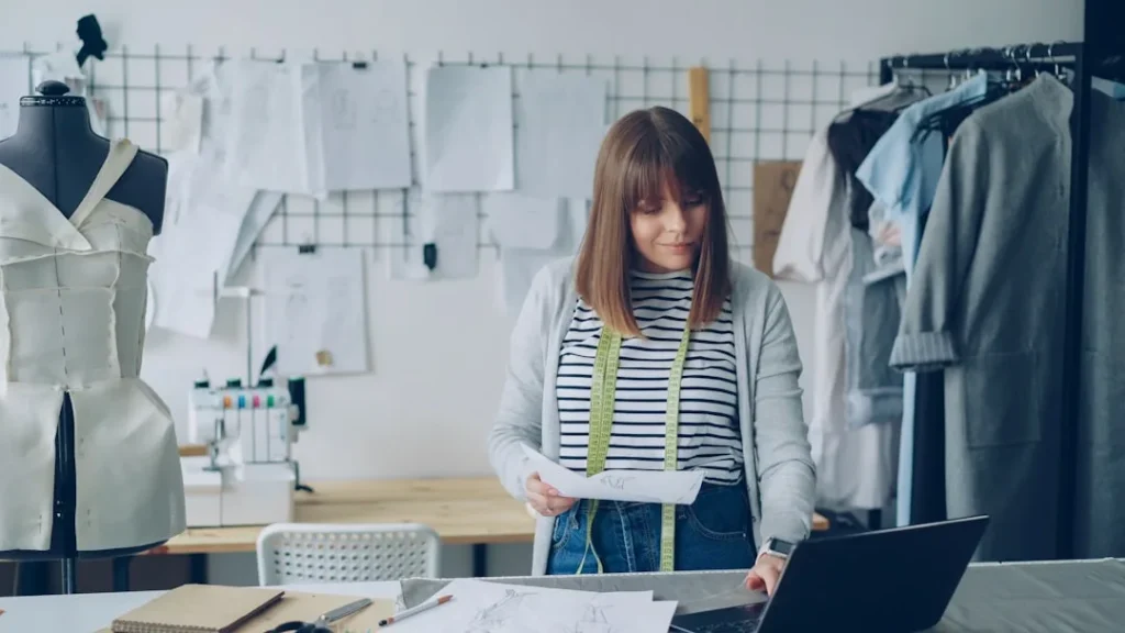 A fashion designer working on her computer and designs.