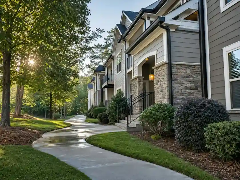 A concrete walkway winding past apartment buildings with stone accents and green trees