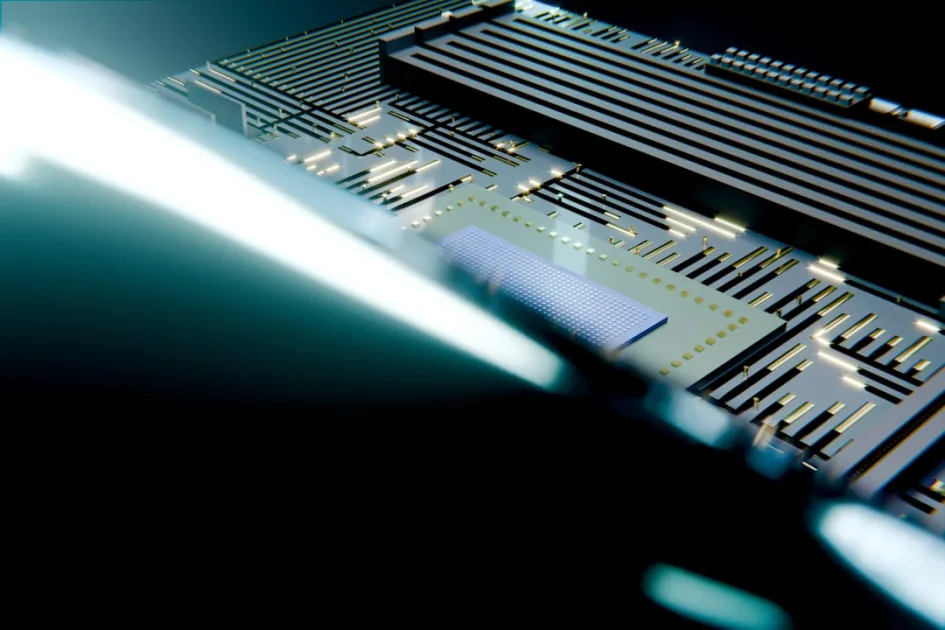 A glowing circuit board with intricate electronic components
