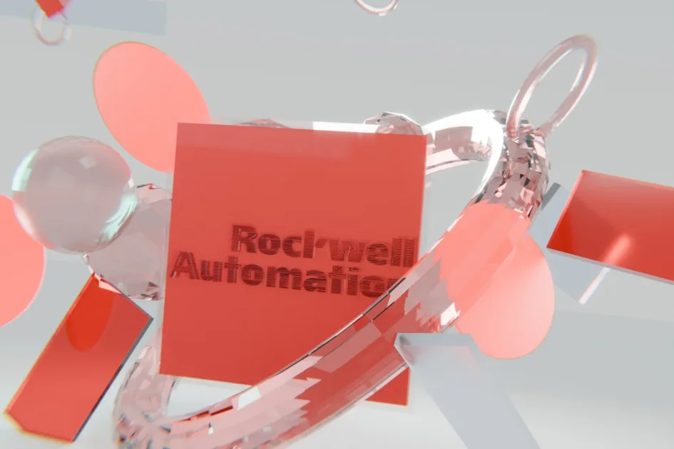 Rockwell automation logo on red square with abstract shapes